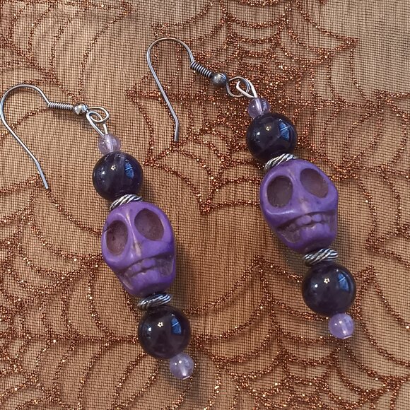 Handmade Skull Amethyst Earrings - Picture 1 of 4